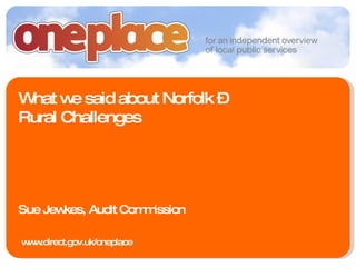 What we said about Norfolk – Rural Challenges Sue Jewkes, Audit Commission www.direct.gov.uk/oneplace 