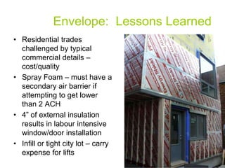 Envelope: Lessons Learned
• Residential trades
  challenged by typical
  commercial details –
  cost/quality
• Spray Foam – must have a
  secondary air barrier if
  attempting to get lower
  than 2 ACH
• 4” of external insulation
  results in labour intensive
  window/door installation
• Infill or tight city lot – carry
  expense for lifts
 
