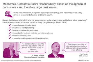 Oneplus.org.uk Ɩ Intro Ɩ 2017
Meanwhile, Corporate Social Responsibility climbs up the agenda of
consumers - and therefore large businesses
3
In the new millennium, Corporate Social Responsibility (CSR) has emerged as a key
driver of consumer behaviour and brand growth.
Brands that behave ethically, that show a commitment to the environment and behave a in a “good way”
towards non-commercial causes, benefit in many (tangible) ways (Daye, 2013*)
Increased sales and market share
Strengthened brand positioning
Enhanced corporate image and clout
Increased ability to attract, motivate, and retain employees
Decreased operating costs
Increased appeal to investors and financial analysts
The brand is what you buy. The
corporate reputation is what you
believe in and trust. It’s not an
either/or.
You need both.
http://www.brandingstrategyinsider.com/2013/03/corporate-social-responsibility-and-growth.html#.VXXtv40cGUk
Businesses must make a
strong positive contribution to
addressing the challenges the
world is facing.
Paul Polman,
CEO, UnileverDr. Joseph Plummer,
Advertising Research Foundation
 