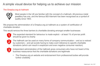 Oneplus.org.uk Ɩ Intro Ɩ 2017
A simple visual device for helping us to achieve our mission
7
Most people in the UK are familiar with the concept of a hallmark. All precious metal
jewellery has one, and the famous BSI kitemark has been recognised as a symbol of
quality since 1903.
We propose the administration of a Oneplus.org.uk hallmark as a system of certification of
charitable donation
This would remove the three barriers to charitable donating amongst smaller businesses
The expected standard for behaviour is made explicit – at least 1% of pre-tax profit
should be given to charity
The hallmark can be used on many forms of company communication – and so is noticed
by customers – and yet avoids having to make overt reference to specific charitable
donations (which can result in scepticism and even negative consumer reaction)
Independent administration of the hallmark gives consumers who have not heard of the
business reassurance that the charitable donations are legitimate
• The Oneplus.org.uk website and endorsement from professional bodies will provide
further credibility
The Oneplus.org.uk hallmark
1
2
3
 