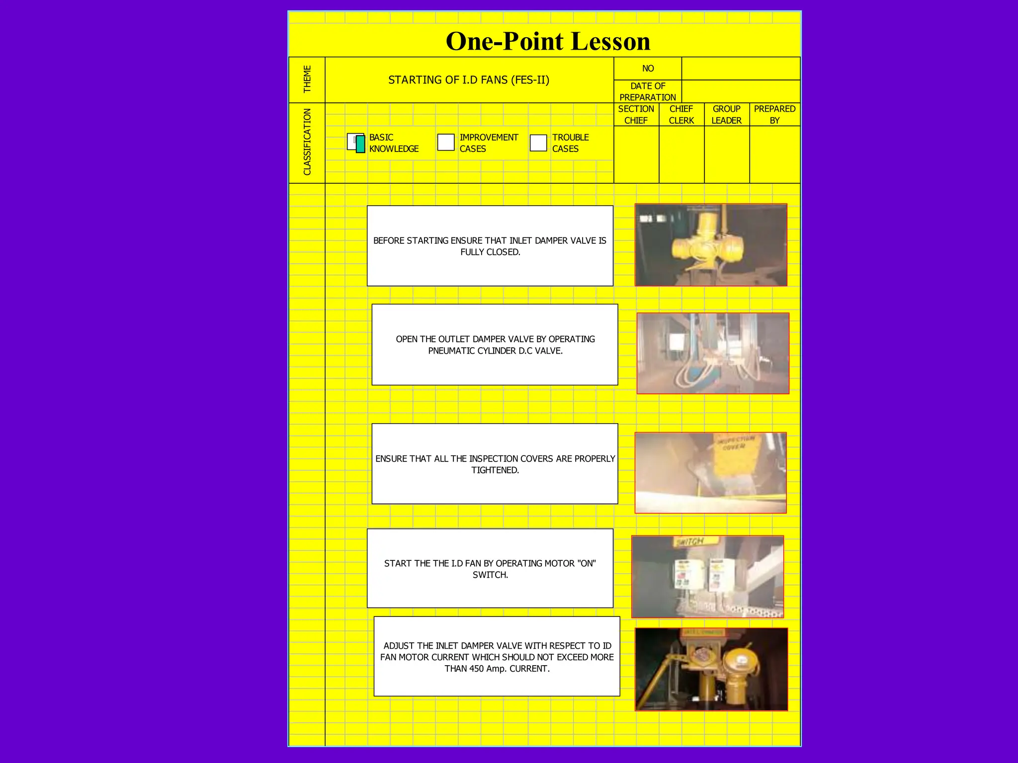 One-Point Lesson
THEME
STARTING OF I.D FANS (FES-II)
NO
DATE OF
PREPARATION
CHIEF
CLERK
CLASSIFICATION
GROUP
LEADER
PREPARED
BY
BASIC
KNOWLEDGE
IMPROVEMENT
CASES
TROUBLE
CASES
SECTION
CHIEF
3
BEFORE STARTING ENSURE THAT INLET DAMPER VALVE IS
FULLY CLOSED.
OPEN THE OUTLET DAMPER VALVE BY OPERATING
PNEUMATIC CYLINDER D.C VALVE.
ENSURE THAT ALL THE INSPECTION COVERS ARE PROPERLY
TIGHTENED.
START THE THE I.D FAN BY OPERATING MOTOR "ON"
SWITCH.
ADJUST THE INLET DAMPER VALVE WITH RESPECT TO ID
FAN MOTOR CURRENT WHICH SHOULD NOT EXCEED MORE
THAN 450 Amp. CURRENT.
 
