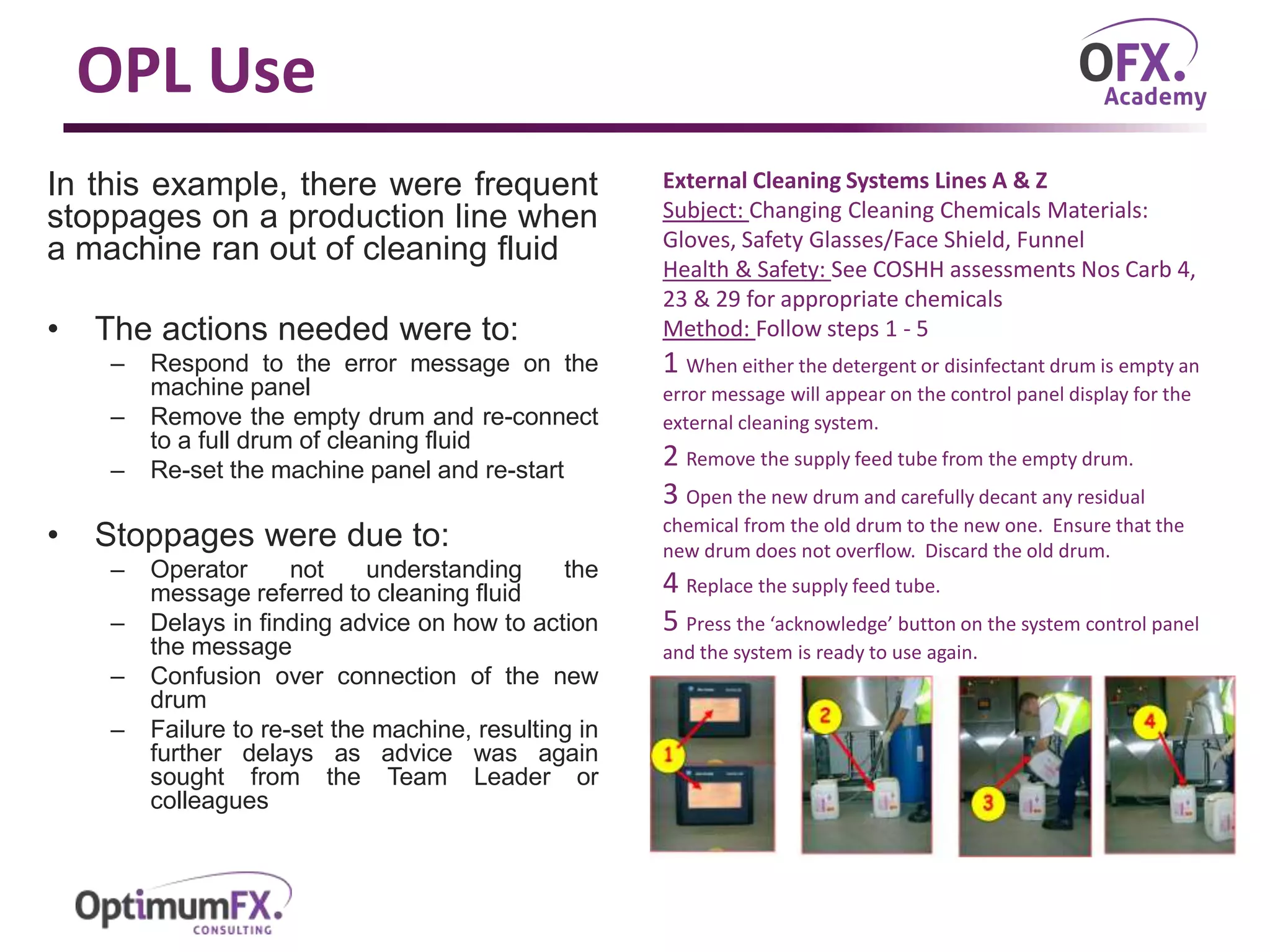 OPL Use
In this example, there were frequent
stoppages on a production line when
a machine ran out of cleaning fluid
• The actions needed were to:
– Respond to the error message on the
machine panel
– Remove the empty drum and re-connect
to a full drum of cleaning fluid
– Re-set the machine panel and re-start
• Stoppages were due to:
– Operator not understanding the
message referred to cleaning fluid
– Delays in finding advice on how to action
the message
– Confusion over connection of the new
drum
– Failure to re-set the machine, resulting in
further delays as advice was again
sought from the Team Leader or
colleagues
External Cleaning Systems Lines A & Z
Subject: Changing Cleaning Chemicals Materials:
Gloves, Safety Glasses/Face Shield, Funnel
Health & Safety: See COSHH assessments Nos Carb 4,
23 & 29 for appropriate chemicals
Method: Follow steps 1 - 5
1 When either the detergent or disinfectant drum is empty an
error message will appear on the control panel display for the
external cleaning system.
2 Remove the supply feed tube from the empty drum.
3 Open the new drum and carefully decant any residual
chemical from the old drum to the new one. Ensure that the
new drum does not overflow. Discard the old drum.
4 Replace the supply feed tube.
5 Press the ‘acknowledge’ button on the system control panel
and the system is ready to use again.
 