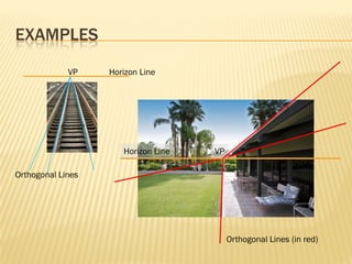 EXAMPLES
             VP    Horizon Line




                      Horizon Line   VP

Orthogonal Lines




                                          Orthogonal Lines (in red)
 