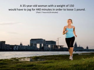 A 35-year-old woman with a weight of 150 would have to jog for 440 minutes in order to loose 1 pound.(That’s 7 hours & 20 minutes)