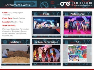 Government Events
Client: Guj Govt (Gujarat
Tourism)

Stage

Performance

Cultural Performance

P.R

Event Type: Beach Festival
Location: Mandvi / Tithal
Work Portfolio:
Planning, Designing, Permission,
Production, Invitation, Games,
Rides, Security, Performance,
Outdoor, PR

Sculpture

32

 