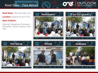 Road Show – Tata Motors
Road Show : Mountain Dew Van
Location: Gujarat (A | B | S | R)

Participants

Participants

Emcee

Audience

Work Portfolio:
Planning, Designing, Permission,
Production, Sound, Games, Rout
Plan

Van Set up

40

 