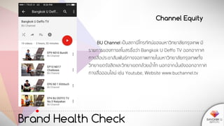 Brand Health Check
Channel Equity
BU Channel เป็นสถานีโทรทัศน์ของมหาวิทยาลัยกรุงเทพ มี
รายการของทางสโมสรชื่อว่า Bangkok U Deffo TV ออกอากาศ
ทางสื่อประชาสัมพันธ์ทางจอภาพภายในมหาวิทยาลัยกรุงเทพทั้ง
วิทยาเขตรังสิตและวิทยาเขตกล้วยน้าไท นอกจากนั้นยังออกอากาศ
ทางสื่อออนไลน์ เช่น Youtube, Website www.buchannel.tv
 