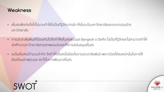 SWOT
Weakness
• สโมสรเพิ่งก่อตั้งได้ไม่นานทาให้ไม่เป็นที่รู้จักมากนัก ทั้งในระดับมหาวิทยาลัยและละแวกรอบข้าง
มหาวิทยาลัย
• การประชาสัมพันธ์ที่น้อยเกินไปจึงทาให้สโมสรฟุตบอล Bangkok U Deffo ไม่เป็นที่รู้จักและไม่สามารถทาให้
นักศึกษามหาวิทยาลัยกรุงเทพยอมรับและให้การสนับสนุนสโมสร
• งบในสโมสรมีจานวนจากัด จึงทาให้สโมสรไม่มีงบในการประชาสัมพันธ์ เพราะต้องใช้งบเหล่านั้นในการให้
เงินเดือนนักฟุตบอล และใช้ในการพัฒนาสโมสร
 