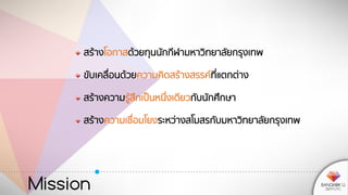 Mission
สร้างโอกาสด้วยทุนนักกีฬามหาวิทยาลัยกรุงเทพ
ขับเคลื่อนด้วยความคิดสร้างสรรค์ที่แตกต่าง
สร้างความรู้สึกเป็นหนึ่งเดียวกับนักศึกษา
สร้างความเชื่อมโยงระหว่างสโมสรกับมหาวิทยาลัยกรุงเทพ
 
