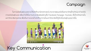 Key Communication
Campaign
ในการแข่งขันฟุตบอลเราจะให้นักศึกษานิเทศศาสตร์ สาขาภาพยนตร์หรือสาขาวิทยุโทรทัศน์มาถ่ายคลิป
การแข่งขันฟุตบอล เพื่อนาไปใช้ในการประชาสัมพันธ์ผ่านสื่อ Facebook Fanpage, Youtube, สื่อโทรทัศน์ภายใน
มหาวิทยาลัยกรุงเทพ เพื่อเป็นการตอกย้านักศึกษาภายในมหาวิทยาลัยให้รู้จักสโมสรฟุตบอลมากขึ้น
 