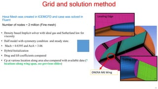 Grid and solution method
Hexa Mesh was created in ICEMCFD and case was solved in
Fluent
Number of nodes ~ 2 million (Fine mesh)
12
ONERA M6 Wing
• Density based Implicit solver with ideal gas and Sutherland law for
viscosity
• Half model with symmetry condition and steady state.
• Mach = 0.8395 and AoA = 3.06
• Hybrid Initialization
• Drag and lift coefficients compared
• Cp at various location along area also compared with available data (7
locations along wing span, see previous slides)
Leading Edge
Trailing edge
 