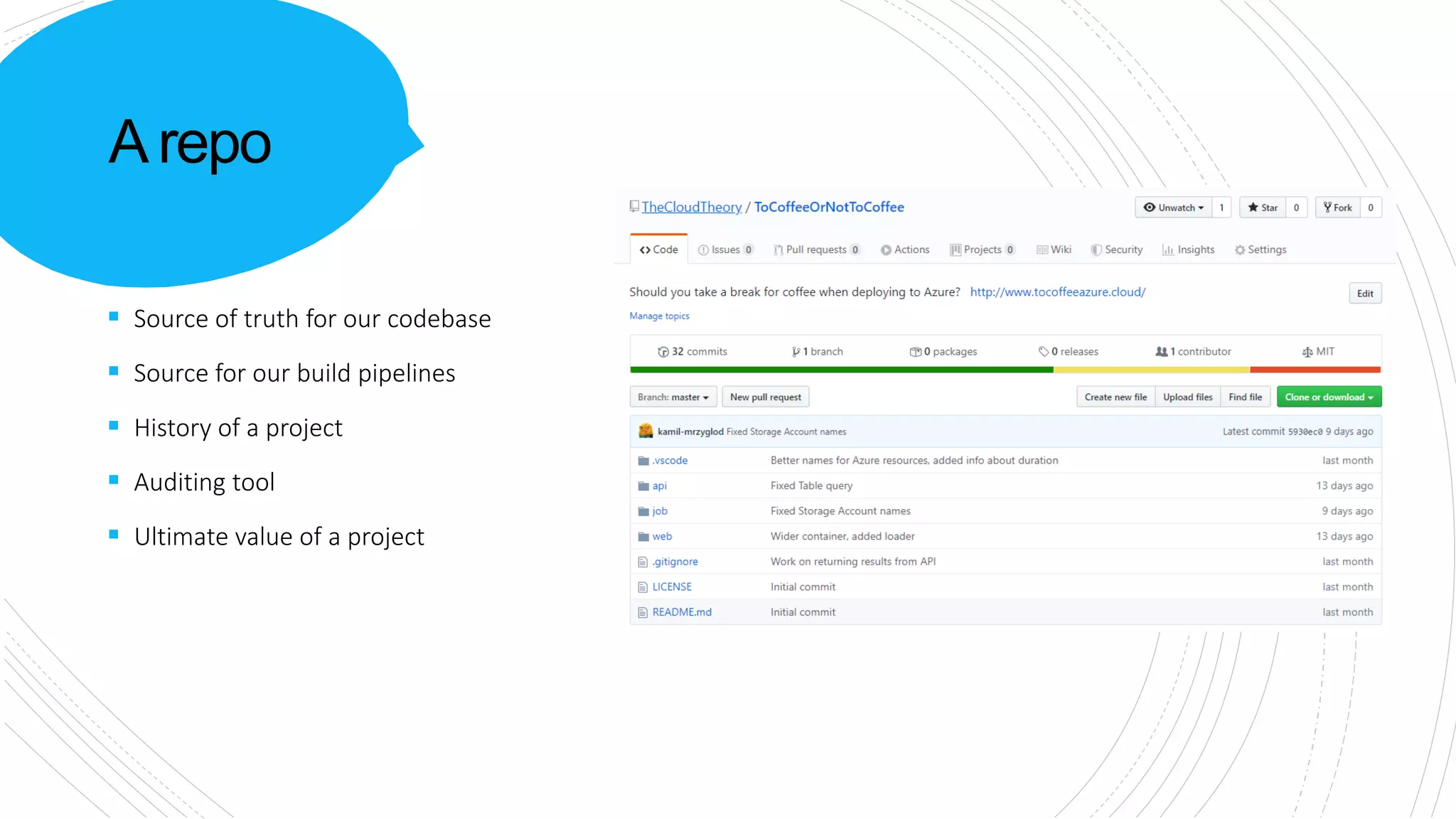Arepo
 Source of truth for our codebase
 Source for our build pipelines
 History of a project
 Auditing tool
 Ultimate value of a project
 