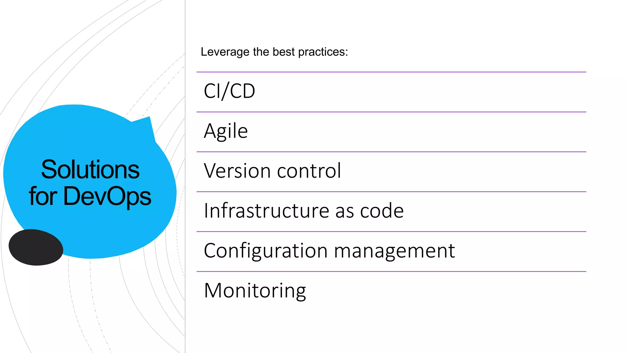 Solutions
for DevOps
Leverage the best practices:
CI/CD
Agile
Version control
Infrastructure as code
Configuration management
Monitoring
 
