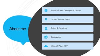 About me
Senior Software Developer @ Demant
Located Warsaw, Poland
Trainer & Consultant
Books author
Microsoft Azure MVP
 