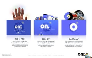 MADE REAL BY
MADE REAL BY
D E E P D R O P S
PROFILE PEOPLEPOSTS
42 1126
NEW STORIES
Anna Blum
Yesterday
The ICO from Qwids is a game
changer. They’re partnered with...
Imane is offering a task on this
3 Saves 1 Comment 1 Task/Deal Created
SAVE COMMENT APPLY
Joanna Singhal
Awesomeness! I’m in.
P O S T S T O R I E S
Contacts
Naima Imrani
Send Message
Share Contact
Start Secret Chat
Joined Nov 2017
Coins 7
Gains 420%
ICOs 12
Success 68%
FRIENDS
@Naimamama
last seen 3 mins ago
Add to Group
Shared Media
Notifications (Enabled)
Block User
Friends 224
(common) 6
Followers 67
Posts 72
CALL
VIDEO
CHAT
TRANSFER
PROFILE PEOPLEPOSTS
42 1126
P O R T F O L I O
TOTAL VALUE
$6895.00
6 COINS
Augur | $1,172.15
Dash | $1,034.25
IOTA | $551.60
Bitcoin | $1,447.95
Litecoin | $1,379.00
Ether | $1,310.05
17% 8%
20%
21%15%
19%
MY WALLETS
PROFILE PEOPLEPOSTS
42 1126
P O R T F O L I O
M Y D E A L S
M Y I C O S
S H O P O N
S E T T I N G S
Sarah James
@serendipita
$6895.00 167
7
11
8
ADD FUNDS
TRANSFER
SEND/RECEIVE
EXCHANGE
PROFILE PEOPLEPOSTS
42 1126
TAO of RTO*
Learn more about the ONE TAO :
Technical Architecture Overview, our
RTO ON-Boarding Process Services
and the Collaborative Advantage of  
Our Networks of Networks.
ON & ON*
Learn more about ON : Our Networks
of Super dApp Toolkits, Co-Production
Protocol OS & the next RTOs from the
Integrated GEO-NEO-REO Platform
DAO Projects in Process.
Our Money*
Learn more about the Possibilities of the
O : The Tokenomics of Transformation
for the Internet of Everything Empowered
by the Reserve Index O Metatoken and
the Metaverse Real Time Currencies.
*Deeper dives into systemic solutions and more available to qualiﬁed co-investors and ecosystem partners.C O N F I D E N T I A L
© ONE : Our Network Evolution, LLP
 