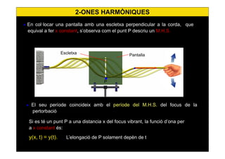 10
• El seu període coincideix amb el període del M.H.S. del focus de la
pertorbació
• Si es té un punt P a una distancia x del focus vibrant, la funció d’ona per
a x constant és:
• y(x, t) = y(t). L’elongació de P solament depèn de t
• En col·locar una pantalla amb una escletxa perpendicular a la corda, que
equival a fer x constant, s’observa com el punt P descriu un M.H.S.
P
•
PantallaEscletxa
•
2-ONES HARMÒNIQUES
 