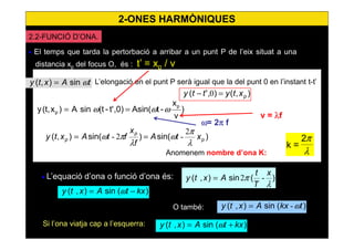 11
• El temps que tarda la pertorbació a arribar a un punt P de l’eix situat a una
distancia xp del focus O, és : t’ = xp / v
• L’equació d’ona o funció d’ona és:
tAty ωsin)0,( = L’elongació en el punt P serà igual que la del punt 0 en l’instant t-t’
),(),'( pxtytty =− 0
)
v
x
-tAsin()t'-(tsinA,0)t'-(ty)x(t,y p
p ωωω ===
v = λf
ω= 2π f
)sin()sin(),( p
p
p xtA
f
x
ftAxty
λ
π
ω
λ
πω
2
-2- ==
λ
π2
=k
)(sin),( kxtAxty −= ω
)(sin),(
λ
π
x
T
t
Axty -2=
Si l’ona viatja cap a l’esquerra: )(sin),( kxtAxty += ω
)(sin),( tkxAxty ω-=O també:
2.2-FUNCIÓ D’ONA.
Anomenem nombre d’ona, K:
2-ONES HARMÒNIQUES
 