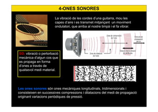 21
La vibració de les cordes d’una guitarra, mou les
capes d’aire i es transmet mitjançant un moviment
ondulatori, que arriba al nostre timpà i el fa vibrar.
SO: vibració o pertorbació
mecànica d’algun cos que
es propaga en forma
d’ones a través de
qualsevol medi material.
Les ones sonores són ones mecàniques longitudinals, tridimensionals i
consisteixen en successives compressions i dilatacions del medi de propagació
originant variacions periòdiques de pressió.
4-ONES SONORES
 