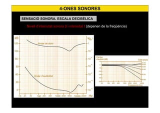 25
SENSACIÓ SONORA. ESCALA DECIBÈLICASENSACIÓ SONORA. ESCALA DECIBÈLICA
4-ONES SONORES
Nivell d’intensitat sonora β i intensitat I (depenen de la freqüència)
 