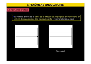 32
• La reflexió d’ones és el canvi de la direcció de propagació en incidir l’ona en
el límit de separació de dos medis diferents; i retornar al mateix medi.
5.3-REFLEXIÓ D’ONES
5-FENÒMENS ONDULATORIS
Nus mòbil
 