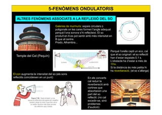 5-FENÒMENS ONDULATORIS
ALTRES FENÒMENS ASSOCIATS A LA REFLEXIÓ DEL SO
Galeries de murmuris: espais circulars o
poligonals on les cares formen l’angle adequat
perquè l’ona sonora s’hi reflecteixi. El so
produït en A es pot sentir amb més intensitat
en B que al centre.
Prado, Alhambra...
Temple del Cel (Pequín)
El con augmenta la intensitat del so (els sons
reflectits coincideixen en un punt)
Perquè l’orella capti un eco, cal
que el so original i el so reflectit
han d’estar espaiats 0,1 s.
L’obstacle ha d’estar a més de
17m.
Si la distància és més petita hi
ha reverberació. (el so
s’allarga)
En els concerts
cal reduir la
reverberació amb
cortines que
absorbeixin una
part del so
reflectit. (no cal
excedir-se, sinó
problemes
d’audició)
 