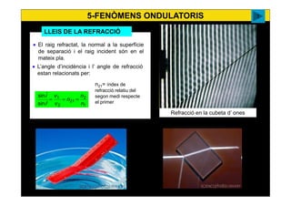 5-FENÒMENS ONDULATORIS
40
• El raig refractat, la normal a la superfície
de separació i el raig incident són en el
mateix pla.
• L’angle d’incidència i l’ angle de refracció
estan relacionats per:
1
2
21
2
1
ˆsin
ˆsin
n
n
n
v
v
r
i
===
Refracció en la cubeta d’ ones
LLEIS DE LA REFRACCIÓ
n21= índex de
refracció relatiu del
segon medi respecte
el primer
cnice
 