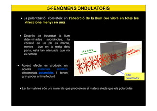 44
• La polarització consisteix en l’absorció de la llum que vibra en totes les
direccions menys en una
• Després de travessar la llum
determinades substàncies, la
vibració en un pla es manté,
mentre que en la resta dels
plans, està tan atenuada que no
es percep
• Aquest efecte es produeix en
aquells materials sintètics
denominats polaroides, i tenen
gran poder antirreflectant
• Les turmalines són uns minerals que produeixen el mateix efecte que els polaroides
Filtre
polaritzador
A v a n ç
5-FENÒMENS ONDULATORIS
 