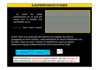 47
• La suma de varies
pertorbacions en un punt pot
donar com a resultat una
pertorbació nul·la
Exemple: llum + llum = foscor
Si fem vibrar una corda pels dos extrems a la vegada, les ones es
propagaran en sentit contrari, i cada pertorbació es mourà independent una
de l’altra. Quan es creuin, tindrem la interferència i quan es separin,
cadascuna segueix independentment amb la seva forma inicial.
)
'
cos()
'
cos(
λ
π
dd
A
dd
kAAr
-
2
2
-
2 == λ
π2
=k
Serà interferència constructiva quan Ar màxim i per tant cos sigui ±1.
Serà interferència destructiva quan Ar mínim I per tant cos sigui 0.
6-SUPERPOSICIÓ D’ONES
 