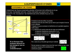 51
EXPERIMENT DE YOUNGEXPERIMENT DE YOUNG
L’experiment de Young va permetre estudiar el fenomen de la difracció en el cas
de la llum. Va treballar amb dos orificis molt petits que actuen com focus
d’ones F1 i F2. Va observar les interferències entre ambdós focus en una
pantalla.
Y
ϕ
x1-x2
d
Raig 1
Raig 2
D
pantalla
D=distància entre els orificis i la pantalla
d=distància entre els dos orificis que es menor que la longitud d’ona de
la llum utilitzada.
Y=alçada a la que es produeix la interferència en la pantalla respecte a
l’orifici inferior
x1-x2=diferència de camins entre els dos raigs que interfereixen:
si observem interferència constructiva x1-x2=λ
si observem interferència destructiva x1-x2=λ/2
Veient els triangles que se formen :
Per a valors de ϕ molt petits tgϕ=senϕ en radiants
Permet calcular la longitud d’ona de la llum que s’utilitza ja que si per
exemple en aquest punt la interferència és
constructiva queda :
d
xx 21
sen
−
=ϕ
D
Y
=ϕtg
d
xx
D
Y
tg 21 −
==ϕ
d
D
Y
.=λ
Si un fenomen físic
produeix difracció es
pot assegurar que es
propaga
ondulatòriament
6-SUPERPOSICIÓ D’ONES
d
xx
D
Y 21 −
=
Young
 