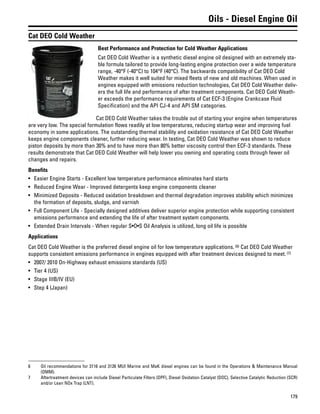 179
Oils - Diesel Engine Oil
Cat DEO Cold Weather
Best Performance and Protection for Cold Weather Applications
Cat DEO Cold Weather is a synthetic diesel engine oil designed with an extremely sta-
ble formula tailored to provide long-lasting engine protection over a wide temperature
range, -40°F (-40°C) to 104°F (40°C). The backwards compatibility of Cat DEO Cold
Weather makes it well suited for mixed fleets of new and old machines. When used in
engines equipped with emissions reduction technologies, Cat DEO Cold Weather deliv-
ers the full life and performance of after treatment components. Cat DEO Cold Weath-
er exceeds the performance requirements of Cat ECF-3 (Engine Crankcase Fluid
Specification) and the API CJ-4 and API SM categories.
Cat DEO Cold Weather takes the trouble out of starting your engine when temperatures
are very low. The special formulation flows readily at low temperatures, reducing startup wear and improving fuel
economy in some applications. The outstanding thermal stability and oxidation resistance of Cat DEO Cold Weather
keeps engine components cleaner, further reducing wear. In testing, Cat DEO Cold Weather was shown to reduce
piston deposits by more than 30% and to have more than 80% better viscosity control then ECF-3 standards. These
results demonstrate that Cat DEO Cold Weather will help lower you owning and operating costs through fewer oil
changes and repairs.
Benefits
• Easier Engine Starts - Excellent low temperature performance eliminates hard starts
• Reduced Engine Wear - Improved detergents keep engine components cleaner
• Minimized Deposits - Reduced oxidation breakdown and thermal degradation improves stability which minimizes
the formation of deposits, sludge, and varnish
• Full Component Life - Specially designed additives deliver superior engine protection while supporting consistent
emissions performance and extending the life of after treatment system components.
• Extended Drain Intervals - When regular S•O•S Oil Analysis is utilized, long oil life is possible
Applications
Cat DEO Cold Weather is the preferred diesel engine oil for low temperature applications. (6) Cat DEO Cold Weather
supports consistent emissions performance in engines equipped with after treatment devices designed to meet. (7)
• 2007/ 2010 On-Highway exhaust emissions standards (US)
• Tier 4 (US)
• Stage IIIB/IV (EU)
• Step 4 (Japan)
6 Oil recommendations for 3116 and 3126 MUI Marine and MaK diesel engines can be found in the Operations & Maintenance Manual
(OMM).
7 Aftertreatment devices can include Diesel Particulate Filters (DPF), Diesel Oxidation Catalyst (DOC), Selective Catalytic Reduction (SCR)
and/or Lean NOx Trap (LNT).
 
