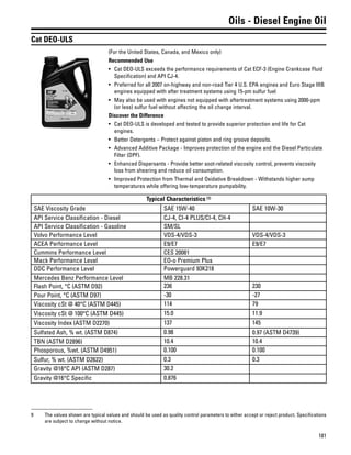 181
Oils - Diesel Engine Oil
Cat DEO-ULS
(For the United States, Canada, and Mexico only)
Recommended Use
• Cat DEO-ULS exceeds the performance requirements of Cat ECF-3 (Engine Crankcase Fluid
Specification) and API CJ-4.
• Preferred for all 2007 on-highway and non-road Tier 4 U.S. EPA engines and Euro Stage IIIB
engines equipped with after treatment systems using 15-pm sulfur fuel
• May also be used with engines not equipped with aftertreatment systems using 2000-ppm
(or less) sulfur fuel without affecting the oil change interval.
Discover the Difference
• Cat DEO-ULS is developed and tested to provide superior protection and life for Cat
engines.
• Better Detergents – Protect against piston and ring groove deposits.
• Advanced Additive Package - Improves protection of the engine and the Diesel Particulate
Filter (DPF).
• Enhanced Dispersants - Provide better soot-related viscosity control, prevents viscosity
loss from shearing and reduce oil consumption.
• Improved Protection from Thermal and Oxidative Breakdown - Withstands higher sump
temperatures while offering low-temperature pumpability.
Typical Characteristics (9)
SAE Viscosity Grade SAE 15W-40 SAE 10W-30
API Service Classification - Diesel CJ-4, CI-4 PLUS/CI-4, CH-4
API Service Classification - Gasoline SM/SL
Volvo Performance Level VDS-4/VDS-3 VDS-4/VDS-3
ACEA Performance Level E9/E7 E9/E7
Cummins Performance Level CES 20081
Mack Performance Level EO-o Premium Plus
DDC Performance Level Powerguard 93K218
Mercedes Benz Performance Level MB 228.31
Flash Point, °C (ASTM D92) 236 230
Pour Point, °C (ASTM D97) -30 -27
Viscosity cSt @ 40°C (ASTM D445) 114 79
Viscosity cSt @ 100°C (ASTM D445) 15.0 11.9
Viscosity Index (ASTM D2270) 137 145
Sulfated Ash, % wt. (ASTM D874) 0.98 0.97 (ASTM D4739)
TBN (ASTM D2896) 10.4 10.4
Phosporous, %wt. (ASTM D4951) 0.100 0.100
Sulfur, % wt. (ASTM D2622) 0.3 0.3
Gravity @16°C API (ASTM D287) 30.2
Gravity @16°C Specific 0.876
9 The values shown are typical values and should be used as quality control parameters to either accept or reject product. Specifications
are subject to change without notice.
 