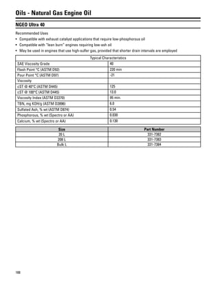 188
Oils - Natural Gas Engine Oil
NGEO Ultra 40
Recommended Uses
• Compatible with exhaust catalyst applications that require low-phosphorous oil
• Compatible with “lean burn” engines requiring low-ash oil
• May be used in engines that use high-sulfer gas, provided that shorter drain intervals are employed
Typical Characteristics
SAE Viscosity Grade 40
Flash Point °C (ASTM D92) 220 min
Pour Point °C (ASTM D97) -21
Viscosity
cST @ 40°C (ASTM D445) 125
cST @ 100°C (ASTM D445) 13.0
Viscosity Index (ASTM D2270) 95 min.
TBN, mg KOH/g (ASTM D2896) 6.0
Sulfated Ash, % wt (ASTM D874) 0.54
Phosphorous, % wt (Spectro or AA) 0.030
Calcium, % wt (Spectro or AA) 0.130
Size Part Number
20 L 331-7382
208 L 331-7383
Bulk L 331-7384
 
