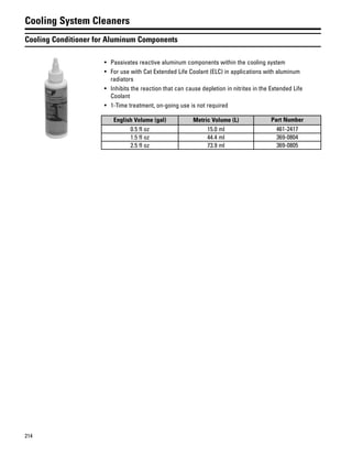 214
Cooling System Cleaners
Cooling Conditioner for Aluminum Components
• Passivates reactive aluminum components within the cooling system
• For use with Cat Extended Life Coolant (ELC) in applications with aluminum
radiators
• Inhibits the reaction that can cause depletion in nitrites in the Extended Life
Coolant
• 1-Time treatment, on-going use is not required
English Volume (gal) Metric Volume (L) Part Number
0.5 fl oz 15.0 ml 461-2417
1.5 fl oz 44.4 ml 369-0804
2.5 fl oz 73.9 ml 369-0805
 