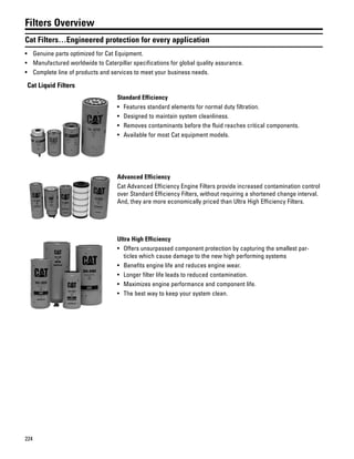224
Filters Overview
Cat Filters…Engineered protection for every application
• Genuine parts optimized for Cat Equipment.
• Manufactured worldwide to Caterpillar specifications for global quality assurance.
• Complete line of products and services to meet your business needs.
Cat Liquid Filters
Standard Efficiency
• Features standard elements for normal duty filtration.
• Designed to maintain system cleanliness.
• Removes contaminants before the fluid reaches critical components.
• Available for most Cat equipment models.
Advanced Efficiency
Cat Advanced Efficiency Engine Filters provide increased contamination control
over Standard Efficiency Filters, without requiring a shortened change interval.
And, they are more economically priced than Ultra High Efficiency Filters.
Ultra High Efficiency
• Offers unsurpassed component protection by capturing the smallest par-
ticles which cause damage to the new high performing systems
• Benefits engine life and reduces engine wear.
• Longer filter life leads to reduced contamination.
• Maximizes engine performance and component life.
• The best way to keep your system clean.
 