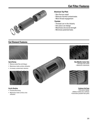 225
Cat Filter Features
Aluminum Top Plate
- Non-Ferrous metal
- Reduces harmful contaminates
- More thread engagement
Canister
- Thickest can in the industry
- One piece can design
- Maximizes structural strength
- Minimizes potential leaks
Cat Element Features
Spiral Roving
• Reduces pleat flex and fatigue
• Maximizes media surface utilization
• Increases contaminate retention
Non-Metallic Center Tube
• Stronger than metal
• Maximum cleanliness
Acrylic Beading
• Prevents Bunching
• Maximizes media surface area
utilization
Urethane End Caps
• One-piece design
• Media molded into urethane
• Eliminates possible leak paths
 