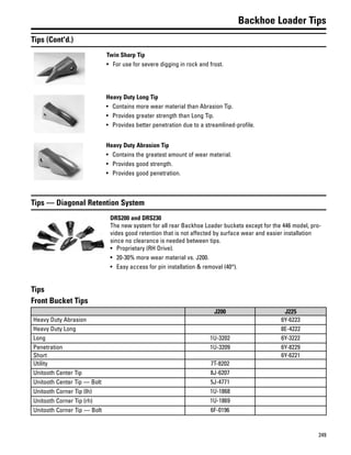 249
Backhoe Loader Tips
Tips (Cont'd.)
Twin Sharp Tip
• For use for severe digging in rock and frost.
Heavy Duty Long Tip
• Contains more wear material than Abrasion Tip.
• Provides greater strength than Long Tip.
• Provides better penetration due to a streamlined-profile.
Heavy Duty Abrasion Tip
• Contains the greatest amount of wear material.
• Provides good strength.
• Provides good penetration.
Tips — Diagonal Retention System
DRS200 and DRS230
The new system for all rear Backhoe Loader buckets except for the 446 model, pro-
vides good retention that is not affected by surface wear and easier installation
since no clearance is needed between tips.
• Proprietary (RH Drive).
• 20-30% more wear material vs. J200.
• Easy access for pin installation & removal (40°).
Tips
Front Bucket Tips
J200 J225
Heavy Duty Abrasion 6Y-6223
Heavy Duty Long 8E-4222
Long 1U-3202 6Y-3222
Penetration 1U-3209 6Y-8229
Short 6Y-6221
Utility 7T-8202
Unitooth Center Tip 8J-6207
Unitooth Center Tip — Bolt 5J-4771
Unitooth Corner Tip (lh) 1U-1868
Unitooth Corner Tip (rh) 1U-1869
Unitooth Corner Tip — Bolt 6F-0196
 