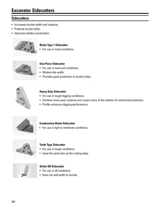 320
Excavator Sidecutters
Sidecutters
• Increases bucket width and capacity.
• Protects bucket sides.
• Improves sidebar penetration.
Blade Type 1 Sidecutter
• For use in most conditions.
One Piece Sidecutter
• For use in most soil conditions.
• Widens bite width.
• Provides good protection to bucket sides.
Heavy Duty Sidecutter
• For use in tough digging conditions.
• Contains more wear material and covers more of the sidebar for enhanced protection.
• Profile enhances digging performance.
Combination Blade Sidecutter
• For use in light to moderate conditions.
Tooth Type Sidecutter
• For use in tough conditions.
• Uses the same tips as the cutting edge.
Strike-Off Sidecutter
• For use in all conditions.
• Does not add width to bucket.
 