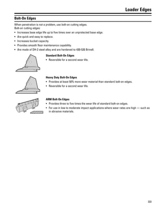 333
Loader Edges
Bolt-On Edges
When penetration is not a problem, use bolt-on cutting edges.
Bolt-on cutting edges:
• Increases base edge life up to five times over an unprotected base edge.
• Are quick and easy to replace.
• Increases bucket capacity.
• Provides smooth floor maintenance capability.
• Are made of DH-2 steel alloy and are hardened to 430-520 Brinell.
Standard Bolt-On Edges
• Reversible for a second wear life.
Heavy Duty Bolt-On Edges
• Provides at least 50% more wear material than standard bolt-on edges.
• Reversible for a second wear life.
ARM Bolt-On Edges
• Provides three to five times the wear life of standard bolt-on edges.
• For use in low to moderate impact applications where wear rates are-high — such as
in abrasive materials.
 