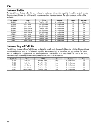 480
Kits
Hardware Bin Kits
Thirteen different Hardware Bin Kits are available for customers who want to stock hardware bins for their service
departments and/or service vehicles with various quantities of popular sizes of Cat bolts, nuts and washers. Kits
available:
Part Number Thread Coating Contains Pieces Bolt Head
237-2351 Inch - Fine Phosphate and Oil 40 Part Numbers 1570 12-Point
222-9998 Inch - Coarse Zinc Dichromate 59 Part Numbers 2175 Hex
222-9999 Inch - Coarse Zinc Dichromate 38 Part Numbers 1520 Hex
223-0000 Metric - Coarse Phosphate and Oil 56 Part Numbers 1965 Hex
223-0001 Metric - Coarse Zinc Dichromate 56 Part Numbers 1985 Hex
223-0002 Metric - Coarse Zinc Dichromate 38 Part Numbers 1510 Hex
3E-6640 Inch - Coarse Phosphate and Oil 59 Part Numbers 1735 Hex
3E-9420 Inch - Coarse Phosphate and Oil 38 Part Numbers 1975 Hex
3E-9421 Inch - Fine Phosphate and Oil 38 Part Numbers 1650 Hex
3E-9422 Metric - Coarse Phosphate and Oil 38 Part Numbers 1580 Hex
Hardware Shop and Field Kits
Five different Hardware Shop/Field Kits are available for small repair shops or fi eld service vehicles. Kits contain as-
sortments of popular sizes of Cat bolts with matching washers and nuts, in phosphate and oil coatings. The hard-
ware is packaged in a rugged metal box with hinged metal cover and latch. Inch Hardware Kits come in two sizes,
small and large, depending on the quantity of hardware in the kit. Kits available:
Part Number Thread Coating Size Contains Pieces
178-2207 Inch - Fine Phosphate and oil Large 24 Part Numbers 476
178-2208 Inch - Fine Phosphate and oil Small 29 Part Numbers 894
178-2209 Inch - Coarse Phosphate and oil Small 27 Part Numbers 502
178-2210 Inch - Coarse Phosphate and oil Large 34 Part Numbers 936
178-2211 Metric - Coarse Phosphate and oil Small 32 Part Numbers 630
 