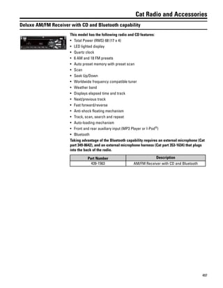 497
Cat Radio and Accessories
Deluxe AM/FM Receiver with CD and Bluetooth capability
This model has the following radio and CD features:
• Total Power (RMS) 68 (17 x 4)
• LED lighted display
• Quartz clock
• 6 AM and 18 FM presets
• Auto preset memory with preset scan
• Scan
• Seek Up/Down
• Worldwide frequency compatible tuner
• Weather band
• Displays elapsed time and track
• Next/previous track
• Fast forward/reverse
• Anti-shock floating mechanism
• Track, scan, search and repeat
• Auto-loading mechanism
• Front and rear auxiliary input (MP3 Player or I-Pod®
)
• Bluetooth
Taking advantage of the Bluetooth capability requires an external microphone (Cat
part 349-8642), and an external microphone harness (Cat part 353-1634) that plugs
into the back of the radio.
Part Number Description
439-1563 AM/FM Receiver with CD and Bluetooth
 