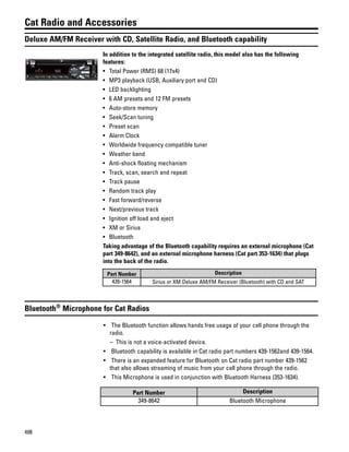 498
Cat Radio and Accessories
Deluxe AM/FM Receiver with CD, Satellite Radio, and Bluetooth capability
In addition to the integrated satellite radio, this model also has the following
features:
• Total Power (RMS) 68 (17x4)
• MP3 playback (USB, Auxiliary port and CD)
• LED backlighting
• 6 AM presets and 12 FM presets
• Auto-store memory
• Seek/Scan tuning
• Preset scan
• Alarm Clock
• Worldwide frequency compatible tuner
• Weather band
• Anti-shock floating mechanism
• Track, scan, search and repeat
• Track pause
• Random track play
• Fast forward/reverse
• Next/previous track
• Ignition off load and eject
• XM or Sirius
• Bluetooth
Taking advantage of the Bluetooth capability requires an external microphone (Cat
part 349-8642), and an external microphone harness (Cat part 353-1634) that plugs
into the back of the radio.
Part Number Description
439-1564 Sirius or XM Deluxe AM/FM Receiver (Bluetooth) with CD and SAT
Bluetooth®
Microphone for Cat Radios
• The Bluetooth function allows hands free usage of your cell phone through the
radio.
– This is not a voice-activated device.
• Bluetooth capability is available in Cat radio part numbers 439-1562and 439-1564.
• There is an expanded feature for Bluetooth on Cat radio part number 439-1562
that also allows streaming of music from your cell phone through the radio.
• This Microphone is used in conjunction with Bluetooth Harness (353-1634).
Part Number Description
349-8642 Bluetooth Microphone
 