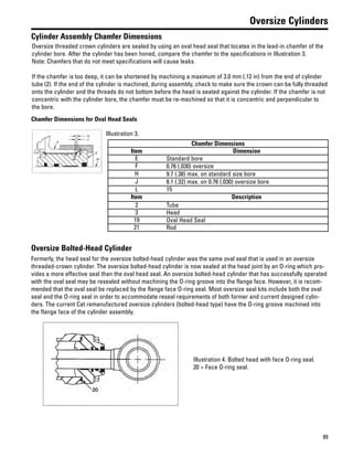 89
Oversize Cylinders
Cylinder Assembly Chamfer Dimensions
Oversize threaded crown cylinders are sealed by using an oval head seal that locates in the lead-in chamfer of the
cylinder bore. After the cylinder has been honed, compare the chamfer to the specifications in Illustration 3.
Note: Chamfers that do not meet specifications will cause leaks.
If the chamfer is too deep, it can be shortened by machining a maximum of 3.0 mm (.12 in) from the end of cylinder
tube (2). If the end of the cylinder is machined, during assembly, check to make sure the crown can be fully threaded
onto the cylinder and the threads do not bottom before the head is seated against the cylinder. If the chamfer is not
concentric with the cylinder bore, the chamfer must be re-machined so that it is concentric and perpendicular to
the bore.
Chamfer Dimensions for Oval Head Seals
Illustration 3.
Chamfer Dimensions
Item Dimension
E Standard bore
F 0.76 (.030) oversize
H 9.7 (.38) max. on standard size bore
J 8.1 (.32) max. on 0.76 (.030) oversize bore
L 15
Item Description
2 Tube
3 Head
19 Oval Head Seal
21 Rod
Oversize Bolted-Head Cylinder
Formerly, the head seal for the oversize bolted-head cylinder was the same oval seal that is used in an oversize
threaded-crown cylinder. The oversize bolted-head cylinder is now sealed at the head joint by an O-ring which pro-
vides a more effective seal than the oval head seal. An oversize bolted-head cylinder that has successfully operated
with the oval seal may be resealed without machining the O-ring groove into the flange face. However, it is recom-
mended that the oval seal be replaced by the flange face O-ring seal. Most oversize seal kits include both the oval
seal and the O-ring seal in order to accommodate reseal requirements of both former and current designed cylin-
ders. The current Cat remanufactured oversize cylinders (bolted-head type) have the O-ring groove machined into
the flange face of the cylinder assembly.
Illustration 4. Bolted head with face O-ring seal.
20 = Face O-ring seal.
 