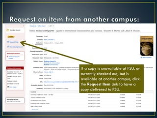 If a copy is unavailable at FSU, or
currently checked out, but is
available at another campus, click
the Request Item Link to have a
copy delivered to FSU.

 