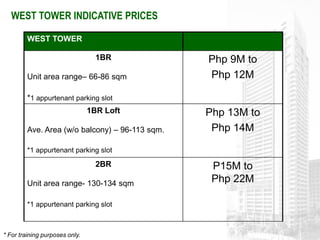 WEST TOWER INDICATIVE PRICES

         WEST TOWER

                                  1BR            Php 9M to
         Unit area range– 66-86 sqm              Php 12M

         *1 appurtenant parking slot
                                1BR Loft         Php 13M to
         Ave. Area (w/o balcony) – 96-113 sqm.    Php 14M
         *1 appurtenant parking slot

                                  2BR             P15M to
         Unit area range- 130-134 sqm             Php 22M

         *1 appurtenant parking slot



* For training purposes only.
 
