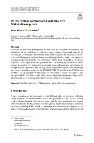 On ESG Portfolio Construction construction, A Multi-Objective | PDF