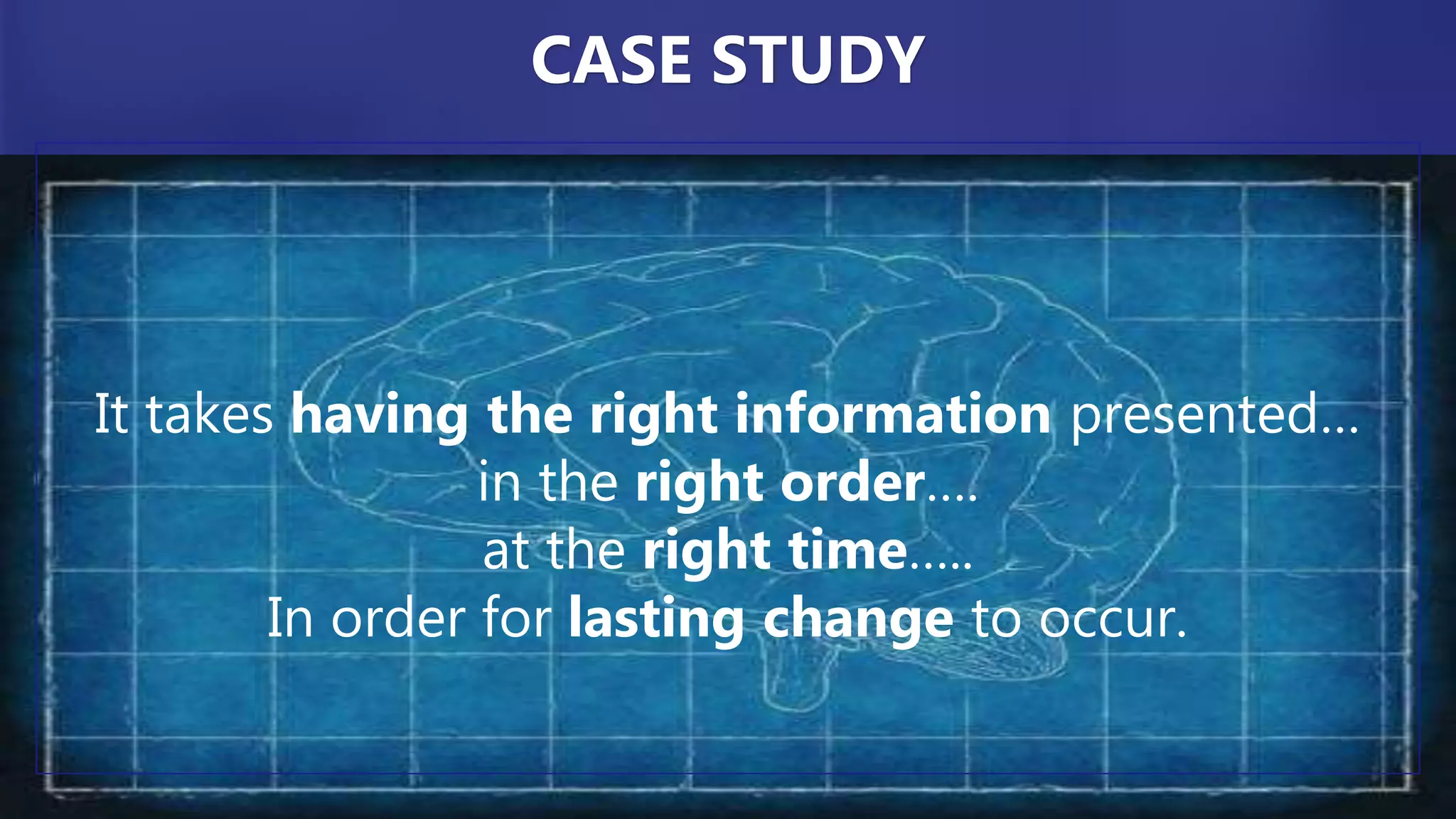 It takes having the right information presented…
in the right order….
at the right time…..
In order for lasting change to occur.
CASE STUDY
 