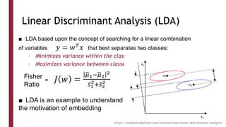 Linear Discriminant Analysis (LDA)
■ LDA based upon the concept of searching for a linear combination
of variables that best separates two classes:
– Minimizes variance within the class
– Maximizes variance between classes
Fisher
Ratio
■ LDA is an example to understand
the motivation of embedding
=
https://analyticsdefined.com/introduction-linear-discriminant-analysis/
 