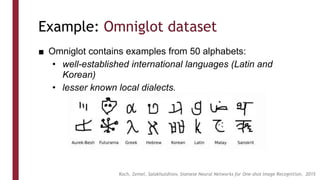 Example: Omniglot dataset
■ Omniglot contains examples from 50 alphabets:
• well-established international languages (Latin and
Korean)
• lesser known local dialects.
Koch, Zemel, Salakhutdinov, Siamese Neural Networks for One-shot Image Recognition, 2015
 