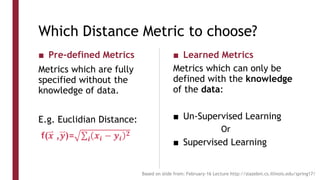 Which Distance Metric to choose?
■ Pre-defined Metrics
Metrics which are fully
specified without the
knowledge of data.
E.g. Euclidian Distance:
f(𝒙 ,𝒚)= 𝒊 𝒙𝒊 − 𝒚𝒊
𝟐
■ Learned Metrics
Metrics which can only be
defined with the knowledge
of the data:
■ Un-Supervised Learning
Or
■ Supervised Learning
Based on slide from: February-16 Lecture http://slazebni.cs.illinois.edu/spring17/
 