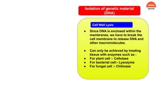 Isolation of genetic material
(DNA)
● Since DNA is enclosed within the
membranes, we have to break the
cell membrane to release DNA and
other macromolecules.
● Can only be achieved by treating
tissue with enzymes such as :
● For plant cell :- Cellulase
● For bacterial cell:- Lysozyme
● For fungal cell :- Chitinase
Cell Wall Lysis
 